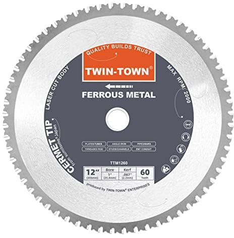 TWIN-TOWN 12-Inch 60 Teeth Steel and Ferrous Metal Cermet Saw Blade with 1-Inch Arbor