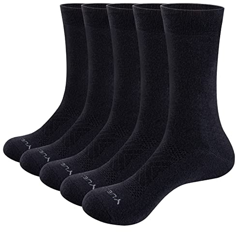 YUEDGE Mens Classic Breathable Comfortable Cotton Business Casual Mid Calf Crew Dress Socks for Men Black UK 6-10 5 Pairs Pack XL