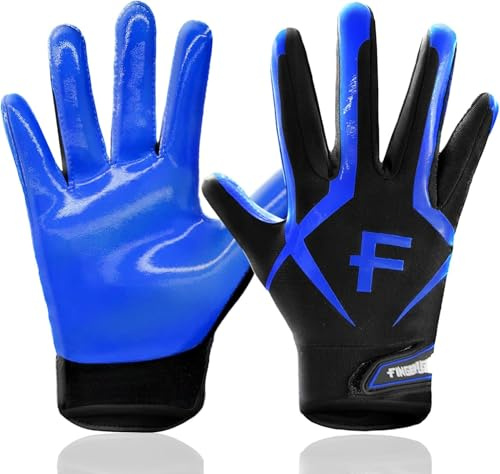 FINGER TEN American Football Gloves Youth Kids Ultra Tack Sticky Non-Slip Palm Receivers, Rugby Gloves for Boys Girls Flexible Stretch Protection Fit Children Age 5-14 (Blue, Small)
