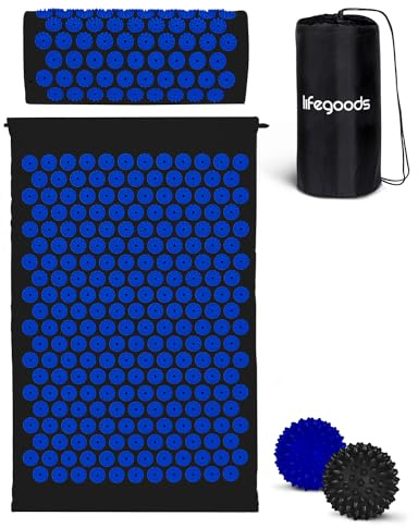 LifeGood Esterilla Acupresion - Eco - Con Cojín, Bolas de Masaje y Bolsa - Almohada - Colchoneta de Acupuntura Relajación y Alivio del Dolor - Flor de Loto - Negro & Azul