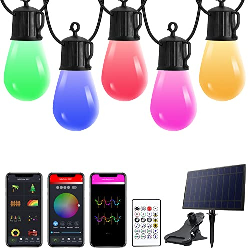 Catena Luminosa Esterno Solare 15 Metri - Smart APP Telecomando Luci Solari Esterno Giardino Multicolore Dimmerabile, 25 S14 Lampadine 20 Modalità Decorative per Natale Terrazzo Matrimonio Partito
