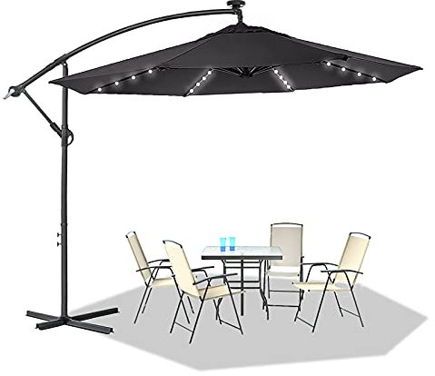 UISEBRT Sonnenschirm Alu Ampelschirm mit Kurbel - Gartenschirm Höhenverstellbarer Sonnenschirm Schirm UV-Schutz Balkonschirm Marktschirm für Garten, Terrasse, Balkon (350cm mit LED Solar, Dunkelgrau)