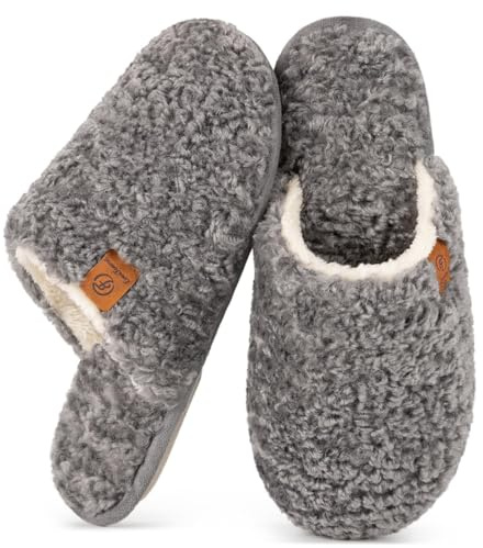 EverFoams Women's Fuzzy Slip-on Slippers Warm Cozy Soft Lightweight Memory Foam Indoor House Shoes Light Gray, 7-8 US
