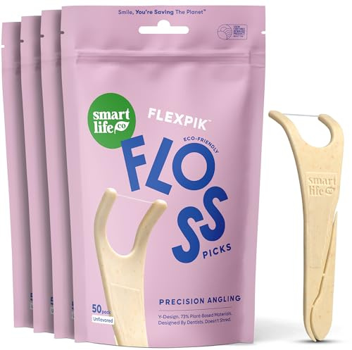 SmartLifeco Eco-Friendly Angled Dental Floss Picks (200ct) - Flossers Made with Straw Wheat Blend, Anti-Shred Thread for Molars & Back Teeth, Tooth Pick Stick for Adults, Soft on Gums, Unflavored