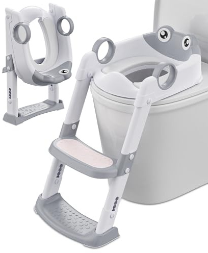 Riduttore WC Bambini con Scaletta, Riduttore con Scaletta Water Bambini | Ragazzo e Ragazza, Regolabile e Pieghevole, Adattatore WC Bambini con Cuscino, Antiscivolo Anti-Spruzzo(Bianco, Grigio)