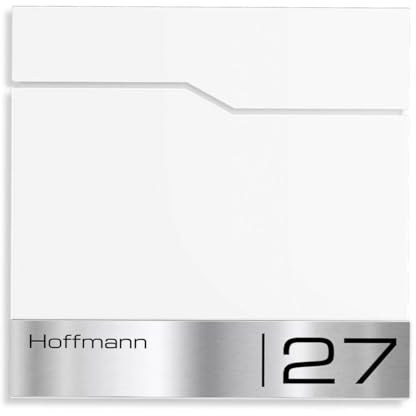 Metzler Briefkasten in RAL 9016 Verkehrsweiß Enno - Wandbriefkasten mit V2A Edelstahl-Namensschild & Zeitungsfach - Postkasten mit Gravur, Größe: 37 x 37 x 10,5 cm