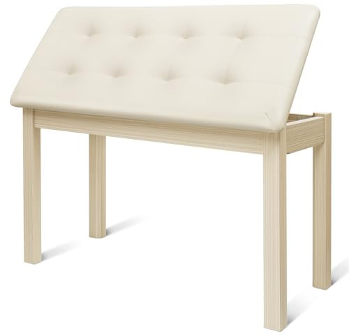 UISCOM Duet Piano Bench with Padded Cushion and Storage - Solid Wood Keyboard Bench Bookcase Stool Chair Seat Vanity Stool Tufted Wooden Piano Seat, Comfortable Sponges Pad,Apricot