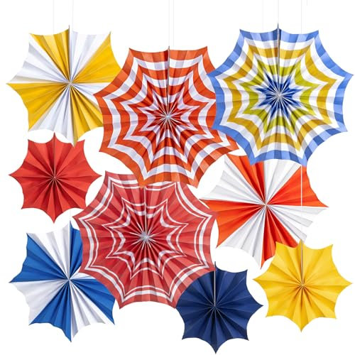 SUNBEAUTY 9er Set Papier Fans Fächer Dekoration Tropischer Papierfächer für Poolparty mit Bunten und Fröhlichen Designs für Sommerfest Strandurlaub Hawaii Party Deko