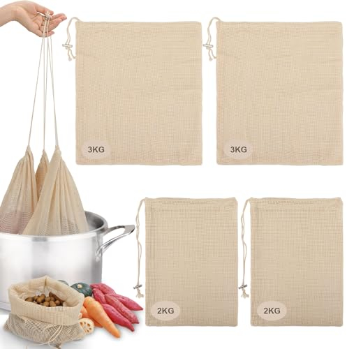 Bomtop Set 4 Malla para Cocer Garbanzos, Bolsa para Coccion, Bolsa para Legumbres Cocción de 2kg y 3kg, Red para Verduras en la olla, Red para Cocinar Alimentos, Reutilizables Red para Cocer Verduras