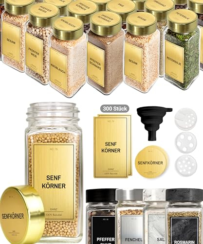 Greeano Lot de 24 pots à épices de 120 ml avec 300 étiquettes à épices Doré Avec insert saupoudreur Couvercle doré Accessoires de cuisine Gold Aura
