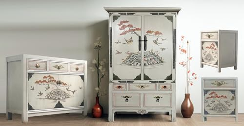 OPIUM OUTLET Conjunto de muebles chinos, 4 piezas, muebles asiáticos, para salón, vintage, gris claro, cómoda, armario, boda, mesitas de noche, mesitas de noche, consolas de noche, oriental, asiático