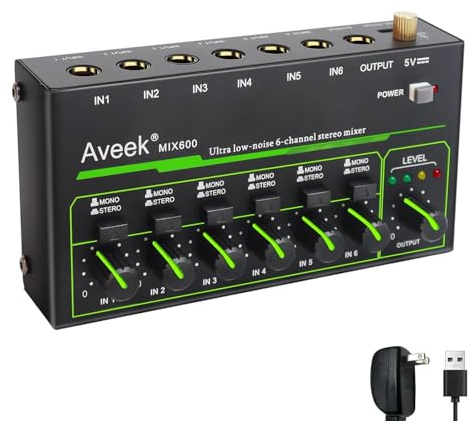 Aveek 6-Kanal Kleinmischpult, Mini 6 Stereo Audio Mixer, rauscharm für präzises Submixing, 1/4’’ TRS Ein-/Ausgang Ideal für Mikrofone/PC/Gitarren/Bass/Bühne