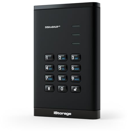 iStorage diskAshur3 HDD 4TB Schwarz – Sicheres tragbares Festplattenlaufwerk – Passwortgeschützt – Staub- und wasserresistent – Hardware-Verschlüsselung
