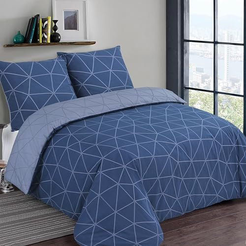 Vision – Wendebettwäsche - Hugo blau/jeansblau – Set mit Bettbezug 260 x 240 cm und 2 Kissenbezüge für Doppelbett – 100 % Baumwolle