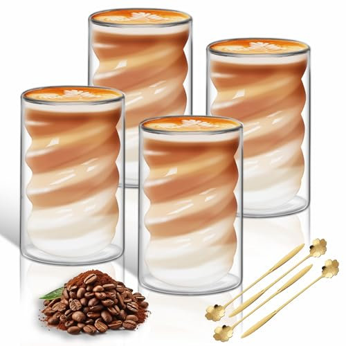 twoant Lot de 4 Tasse Latte Macchiato Double Paroi 400ml Pour Matcha Cappuccino Verres à café en borosilicate résistant aux températures élevées Thé avec 4 Cuillères