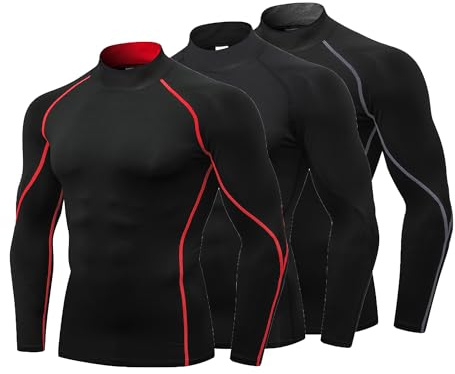 YUSHOW Pack de 3 Camiseta Compresión Hombre Cuello Alto Manga Larga