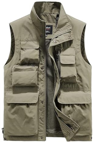 LBL Men's Utility Fishing Vest Outdoor Work Safari Outwear Gilet Cargo Vest Jacket Photo Mesh Waistcoat with Multi Pockets APH092 Khaki M