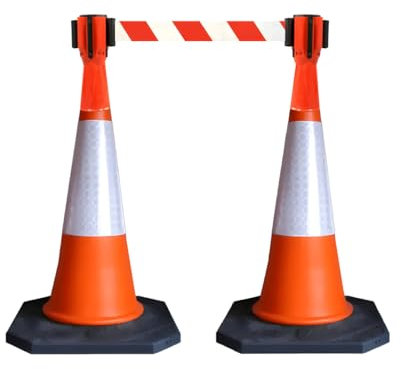 Traffic Cone & Retractable Barrier Kit 750mm High | Road Safety, Car Parking & Construction Use | Durable Portable Cones with Chevron Safety Warning Tape (2 Cones + 2 Retractable Barrier)