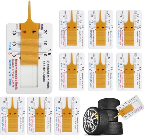 Tyre Tread Depth Gauge UK, 10 Pcs 0-20mm Professional Tyre Depth Gauge, Tread Checker Tool for Car, Motorcycle, Van, HGV - Meets UK Legal Standards for MOT & Safety Checks