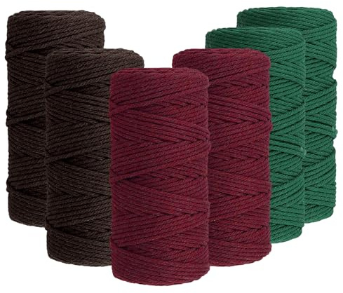 CHUIFAI 6 Stück 2mmx100m Baumwollgarn Makramee Garn, Rot/Kaffee/Grün Baumwollschnur Makramee Baumwollkordel, Baumwollgarn für DIY Wandbehang, Traumfänger, Blumenampel, Boho Deko