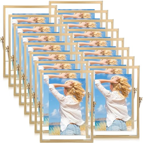 Hoteam 16 Pcs 4 x 6 Inches Gold Floating Frames Glass Photo Frames Vertical Vintage Metal Picture for Wedding Photo Picture Mounting Tabletop Display Office Decor