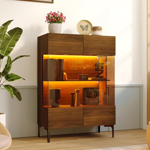 DEZAGCE Vetrina moderna in vetro con illuminazione a LED e porte push-to-open - Armadietto a 3 ripiani, armadietto a buffet per soggiorno, sala da pranzo o cucina, 80 x 38,2 x 115 cm, marrone