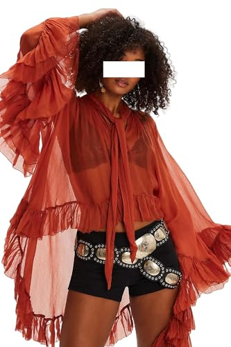 FeMereina Women Long Bell Sleeve Frill Top See Through Sheer Mesh Blouse High Low Hem Ruffled Sexy Flowy Tops Shawl Shirt (Orange Red, M)