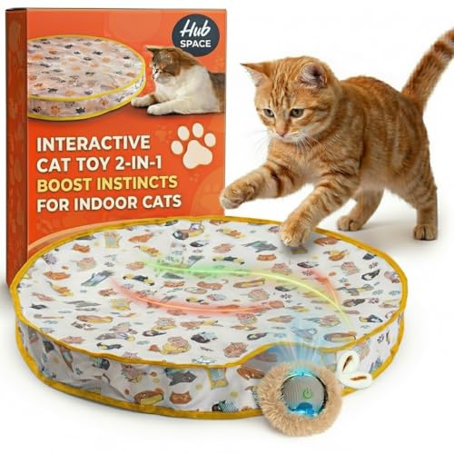 Hubspace Interactive Cat Toys for Indoor Cats Adult - 2-in-1 Hide and Seek Play Mat with Moving Ball, Crinkle Peek Pouch, Daily Automatic Cat Enrichment for Kittens & Adult Cats, Yellow