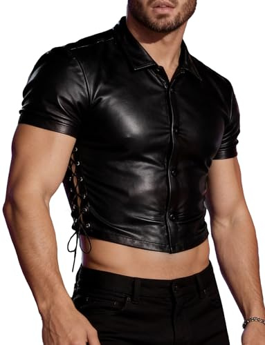 FEOYA Hommes Maillot de Corps en Similicuir Sexy t-Shirt sans Manches Hommes Haut Latex T-Shirt Découpé Noir Maillot de Corps Musclé