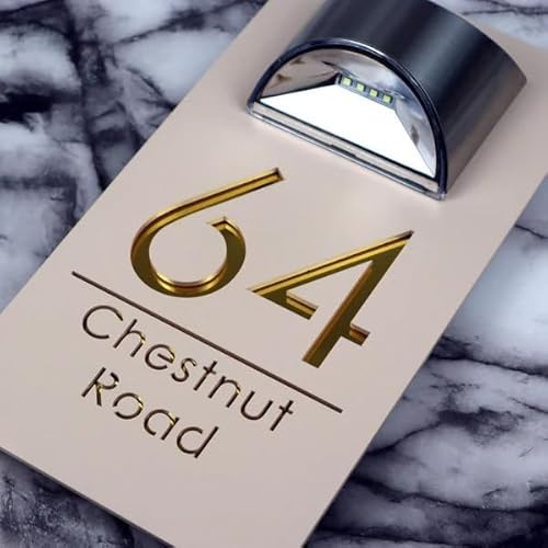 Bellissima LED Solar Door Number Plaque 300 × 160mm Illuminated Acrylic Address Sign, Personalised Outdoor Name Plate with Light, Modern Weatherproof Wall Sign (Cream & Gold Mirror)