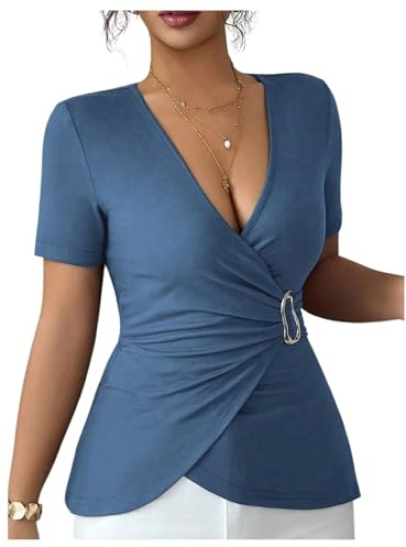 OYOANGLE Women's Short Sleeve Wrap Top V Neck Metal Buckle Asymmetrical Fitted Ruched Work Dressy Tee Shirts Blue Large