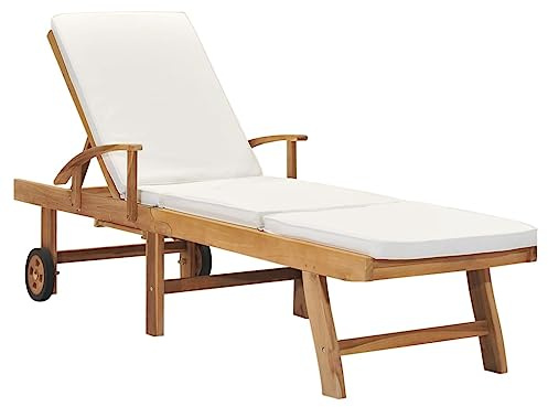 Keeushr Lettino prendisole classico in teak con rete a doghe, schienale regolabile, ripiano e comodo cuscino per giardino, terrazza e piscina, robusto legno massello