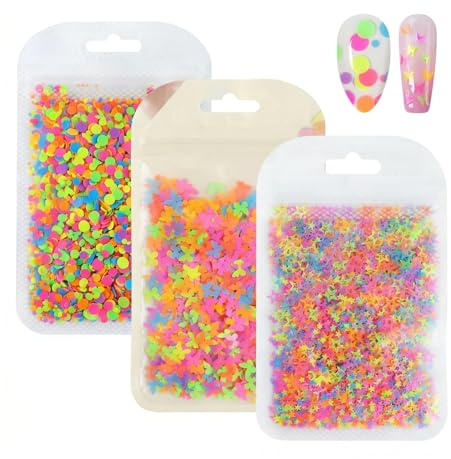 Set de 3 Paillettes pour Nail art,Paillettes pour Ongles en Forme de Cœur,D'étoile et de Papillon,Couleur Paillettes Fluorescentes pour Décoration des Ongles，pour le Design DIY des Ongles