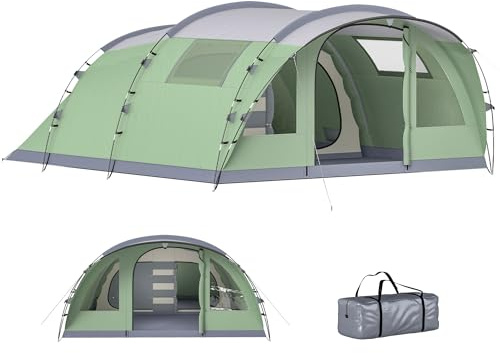 Outsunny Tunnelzelt 5 Personen Familienzelt mit 2 Schlafkabine Vorzelt 4 Fenstern Bodenplane Stehhöhe 3000 mm Wassersäule wasserdicht Campingzelt mit Tragetasche Camping Zelt für Cmping Hellgrün