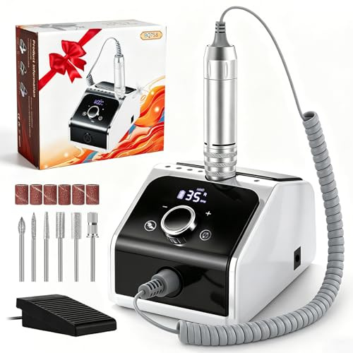 CozyZen Elektrisk Nagelborrmaskin: 35000 RPM Professionellt Nagelfilskit med LCD-skärm, Hand- & Fotpedalkontroll, Tyst Drift för Akryl- & Gelnaglar, Manikyr & Pedikyr – För Hem & Salong(Vit)