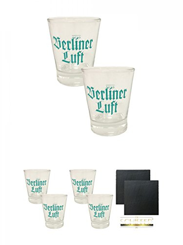 Berliner Luft Shot Glas 4cl 2 Stück + Berliner Luft Shot Glas 4cl 2 Stück + Berliner Luft Shot Glas 4cl 2 Stück + Schiefer Glasuntersetzer eckig ca. 9,5 cm Ø 2 Stück
