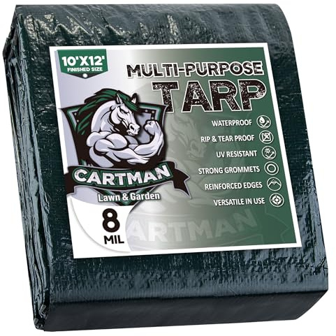 CARTMAN Finished Size 10x12 Feet Waterproof Green Tarp 8 Mil Thick, Multipurpose Protective Cover for Emergency Rain Shelter Camping Tarpaulin
