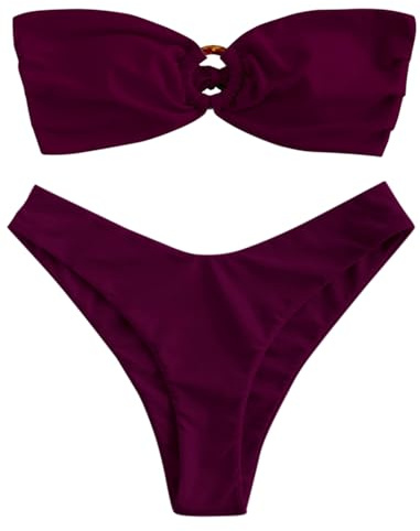 ZAFUL Women's Bandeau Bikini O Ring Strapless Tie Back High Cut Two Piece Swimsuit Bathing Suits (1-Plum Pie, S)