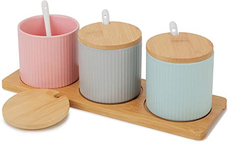 Sugar Bowl Set of 3, ChaseChic Ceramic Condiment Set with Serving Tray Colorful Spice Jar with Wooden Lids and Spoons for Breakfast, Home Kitchen (8.4oz/250ml)