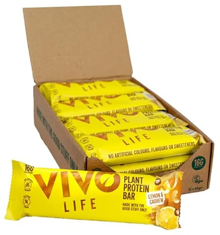 Vivo life Plant Protein Bars - High Protein, Nutrient dense, Slow Release Energy - 12 x 65g Pack (Lemon and Cashew)