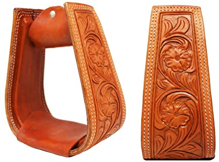 Leather Covered Oversized Western Stirrups Floral Tooled Lightweight Handmade Western Roper Style Stirrup ME-WSS-008