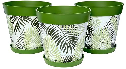 Hum Flowerpots set of 3 plastic, indoor/outdoor plant pots 25cm diameter and 3 saucers 19cm diameter (Green Fern)