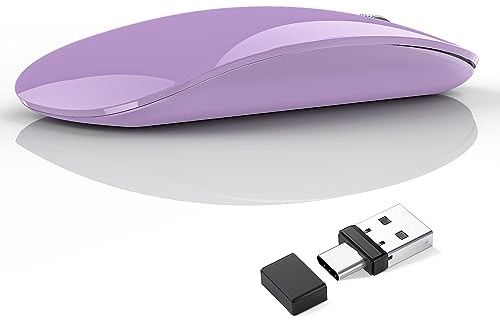 Uiosmuph Wireless Mouse, USB C Rechargeable Computer Mouse, Slim Silent Mice 2.4GHz Optical with USB Nano Receiver and Type C Receiver for Laptop/Mac/PC(Purple)