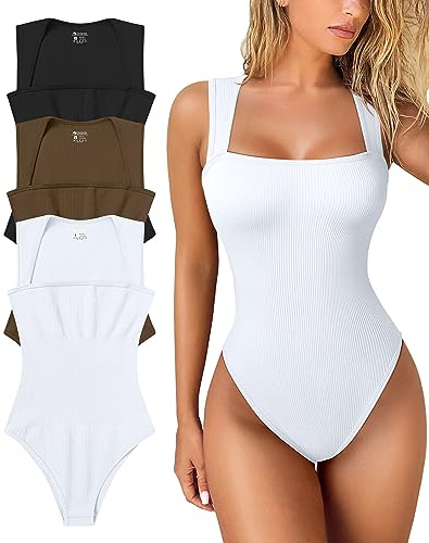 OQQ Women's 3 Piece Bodysuits Sexy Ribbed Strappy Square Neck Sleeveless Tummy Control Tank Tops Bodysuits Black Coffee White
