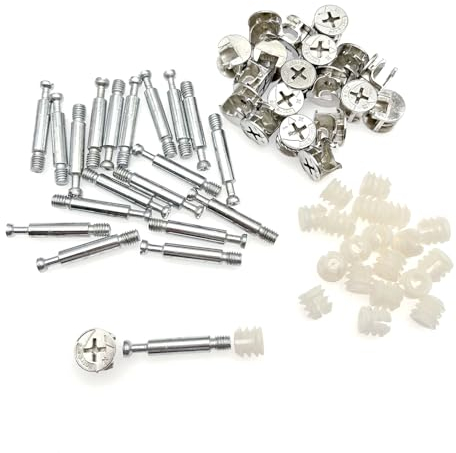 JZK 20 x 3-in-1-Möbelverbindungsset, Exzenter-Nockenschloss Ø15 mm und M6 x 40 mm Dübelschrauben, vormontierte Ø11 mm Kunststoffmutter für Kleiderschrankmontage, Spleißen, Sperren und Verbinden