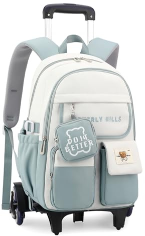 IvyH Schulrucksäcke Trolley für Kinder, Rucksack Teenager Schulranzen Mädchen mit 6 Räder Trolley Schultaschen für Grund- und Mittelschule (Grün)