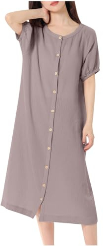 NSICBMNO Gray Cotton Dressing Gowns For Women Uk Lightweight Housecoats Button Up Nighties Short Sleeve Pyjamas Nightwear Long Nightgowns Open Front Nightdress Soft Bath Robes Sleepwear Loungewear