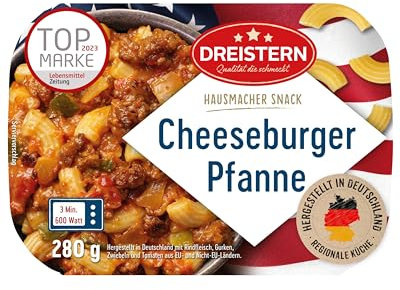 DREISTERN Cheeseburger Pfanne 280g I Mit Rindfleisch & Nudeln I Herzhaftes Fertiggericht in Mikrowellenschale I Lange Haltbarkeit dank natürlicher Konservierung I Hausmacher Qualität