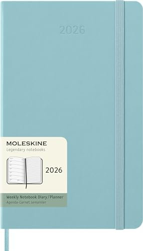 Moleskine Wochenplaner, Wochenagenda 2026 12 Monate mit Platz für Notizen, mit festem Einband und Gummibandverschluss, Großformat 13x21, Farbe Aquamarin