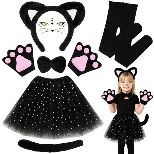 AXERHK Cat Costume, Halloween Costumes, 7 PCS Animal Costume Set Includes Face Stickers Ears Bow Tie Paws Therian Tail Tutu and Tights, for Halloween Carnival Cosplay for 14+